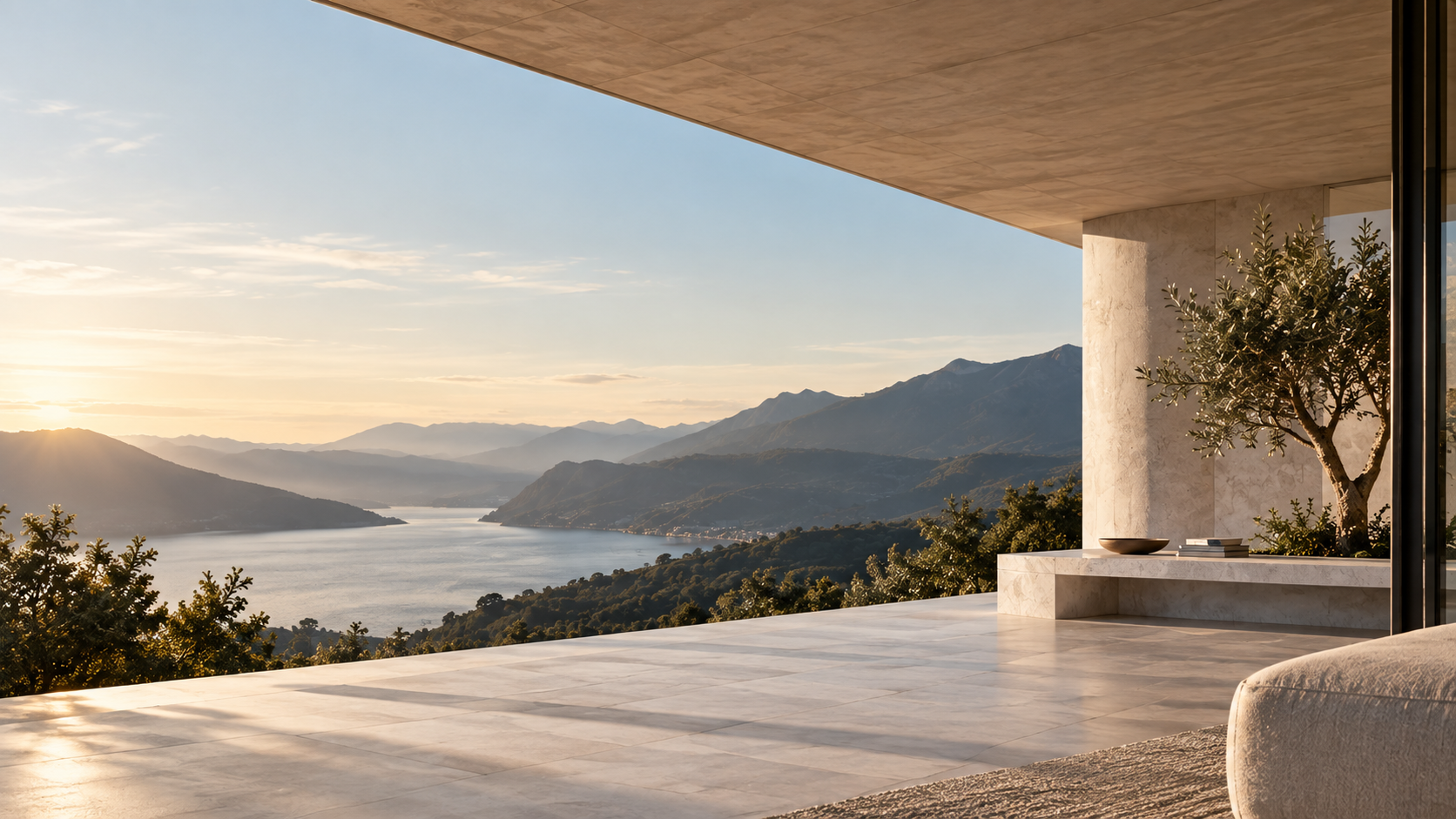 Terraço de arquitetura contemporânea com uma árvore, aberto para um lago e montanhas ao longe.